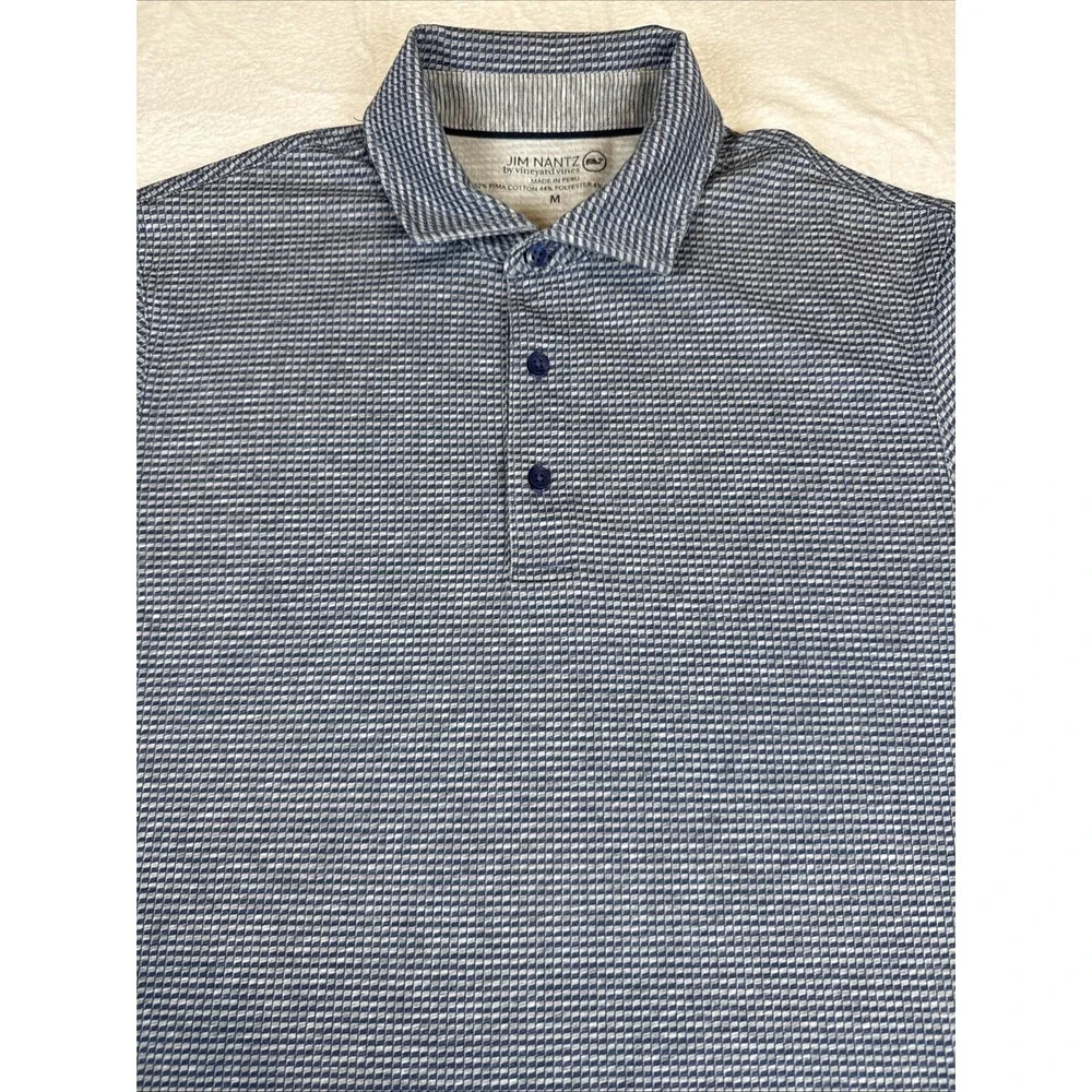 Jim Nantz Vineyard Vines Men M Blue Geometric Polo Short Sleeve Golf Preppy Peru